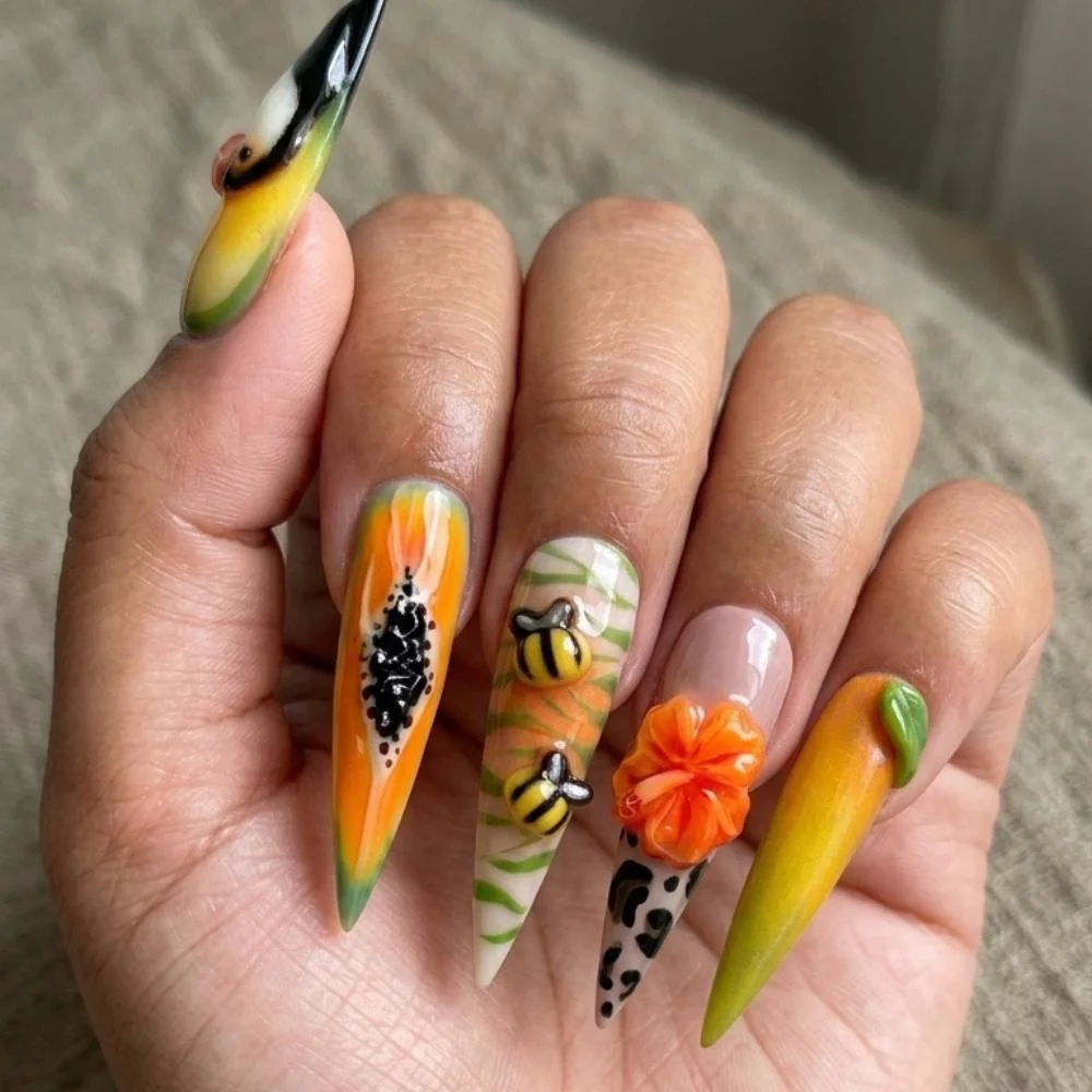 Exotic Vacation Nails, Vacation Nail Set, press on nails, custom press on nails, fake nails, Nails Art, stained glass nails, gold press on nails, 3d press on nails, luxury press on nails, handmade press on nails