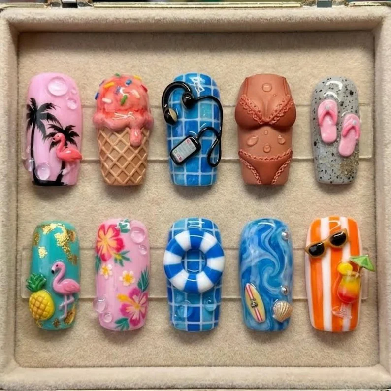 summer vacation, tropical nail art, press on nails, custom press on nails, fake nails, Nails Art, stained glass nails, gold press on nails, 3d press on nails, luxury press on nails, handmade press on nails