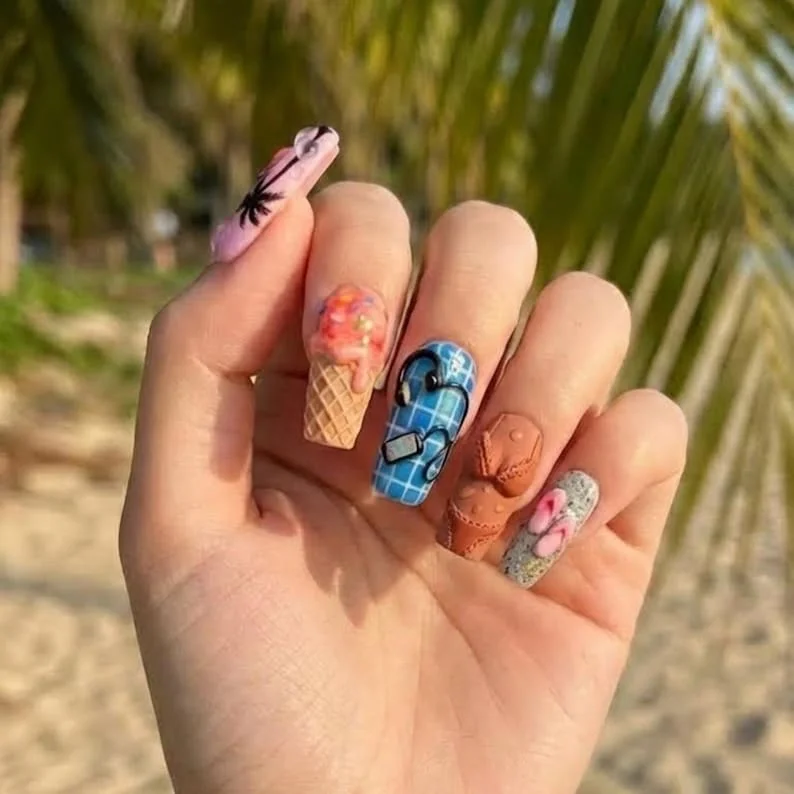 summer vacation, tropical nail art, press on nails, custom press on nails, fake nails, Nails Art, stained glass nails, gold press on nails, 3d press on nails, luxury press on nails, handmade press on nails