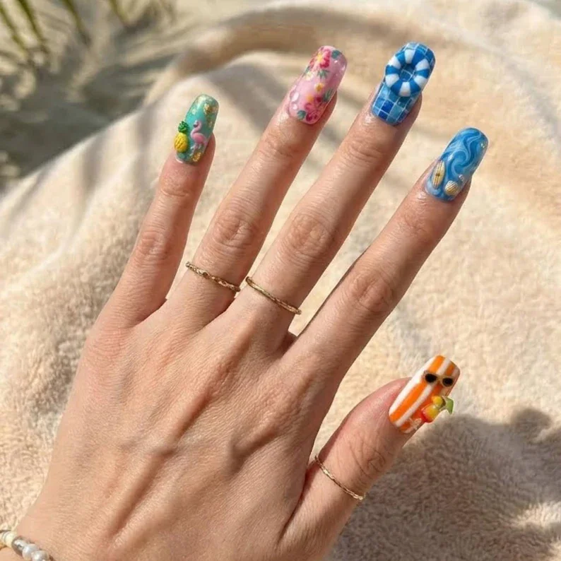 3D nail design, summer nails, press on nails, custom press on nails, fake nails, Nails Art, stained glass nails, gold press on nails, 3d press on nails, luxury press on nails, handmade press on nails