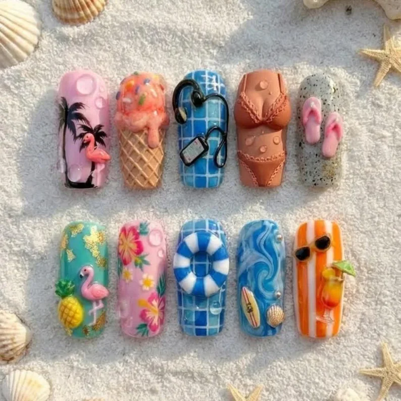vacation nail art, tropical press ons, press on nails, custom press on nails, fake nails, Nails Art, stained glass nails, gold press on nails, 3d press on nails, luxury press on nails, handmade press on nails