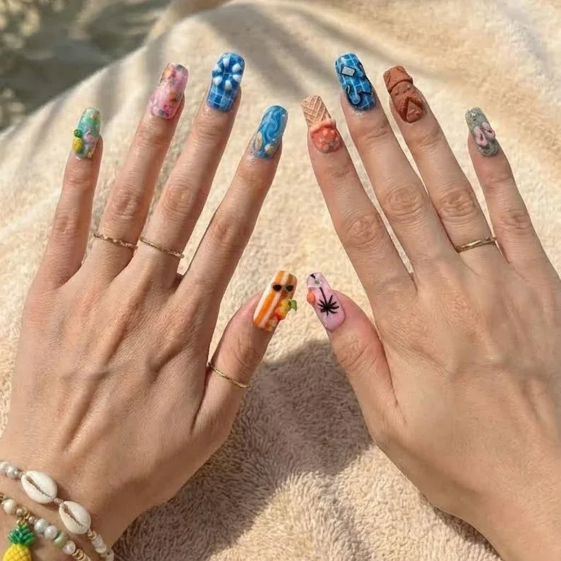 3D tropical nails, press on nails, custom press on nails, fake nails, Nails Art, stained glass nails, gold press on nails, 3d press on nails, luxury press on nails, handmade press on nails