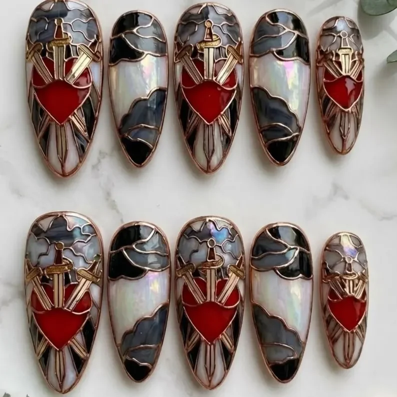 3D Valentine's Nails, Sacred Heart Nails, press on nails, custom press on nails, fake nails, Nails Art, stained glass nails, gold press on nails, 3d press on nails, luxury press on nails, handmade press on nails