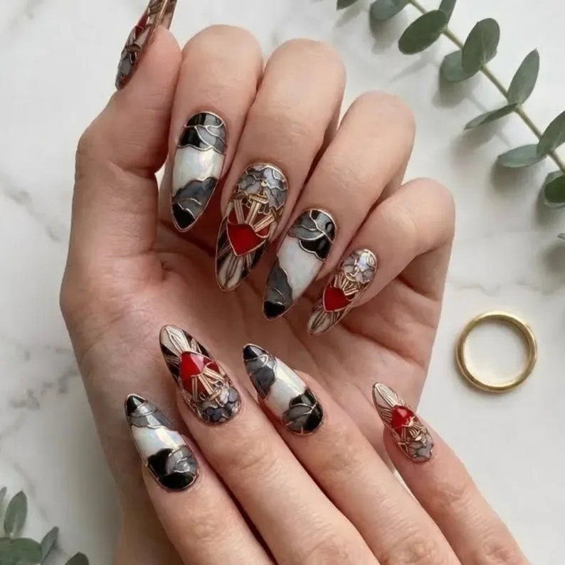 Stained Glass Nails, Press-On Nail Set, press on nails, custom press on nails, fake nails, Nails Art, stained glass nails, gold press on nails, 3d press on nails, luxury press on nails, handmade press on nails