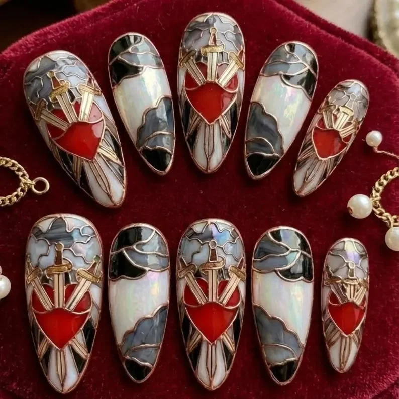 Gothic Romance Nails, Heart Nail Art, press on nails, custom press on nails, fake nails, Nails Art, stained glass nails, gold press on nails, 3d press on nails, luxury press on nails, handmade press on nails