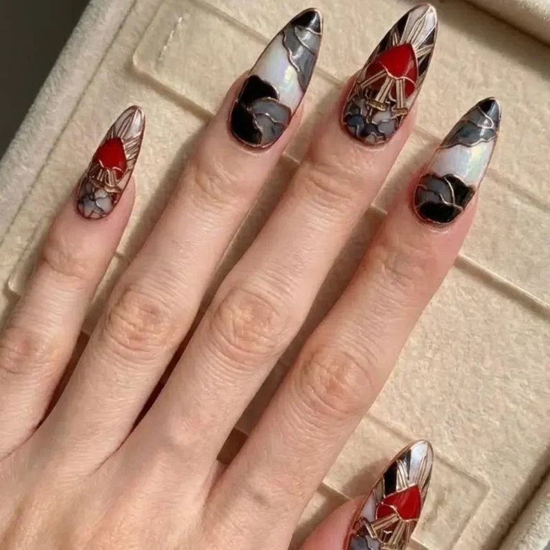 Valentines Nail Design, 3D Heart Nails, press on nails, custom press on nails, fake nails, Nails Art, stained glass nails, gold press on nails, 3d press on nails, luxury press on nails, handmade press on nails