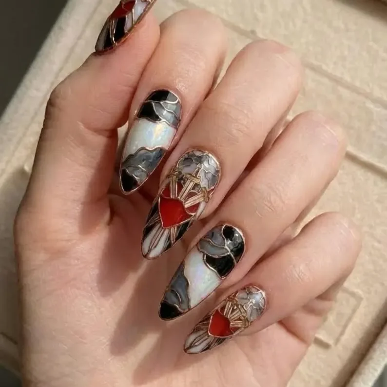3D Valentine's Nails, Sacred Heart Nails, press on nails, custom press on nails, fake nails, Nails Art, stained glass nails, gold press on nails, 3d press on nails, luxury press on nails, handmade press on nails