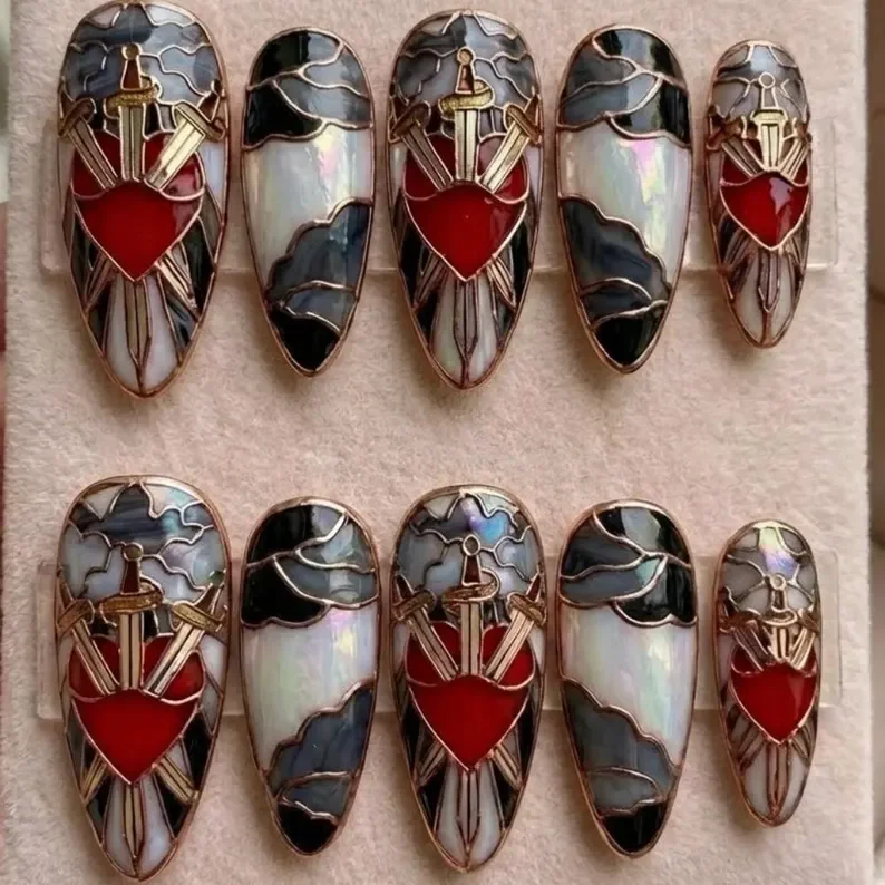 Gothic Romance Nails, Heart Nail Art, press on nails, custom press on nails, fake nails, Nails Art, stained glass nails, gold press on nails, 3d press on nails, luxury press on nails, handmade press on nails