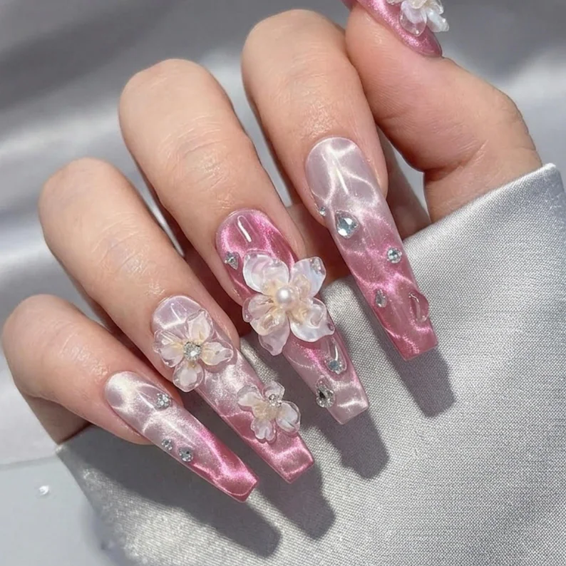Romantic Cat Eye, Wedding Art, press on nails, custom press on nails, fake nails, Nails Art, stained glass nails, gold press on nails, 3d press on nails, luxury press on nails, handmade press on nails