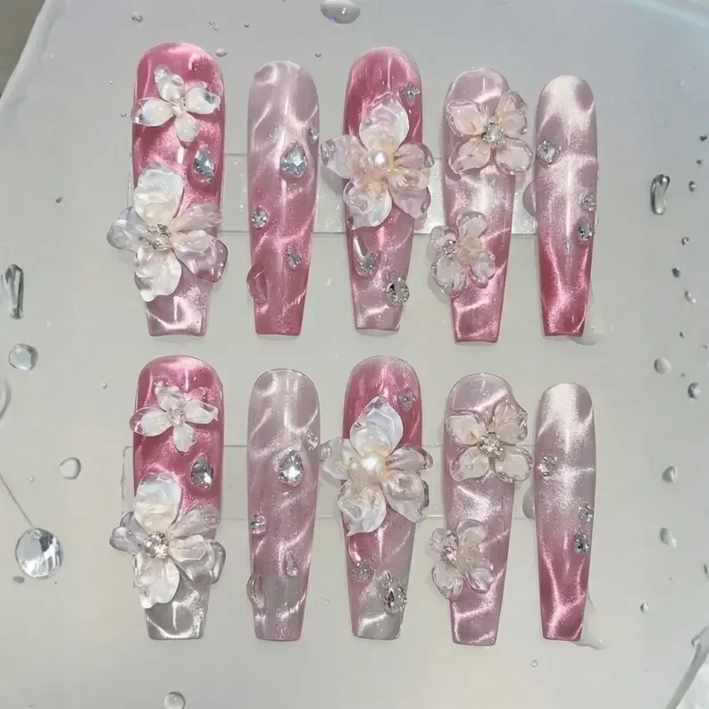 Romantic Cat Eye, Wedding Art, press on nails, custom press on nails, fake nails, Nails Art, stained glass nails, gold press on nails, 3d press on nails, luxury press on nails, handmade press on nails