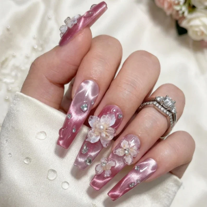 Blossom Nails, 3D Wedding Nails, press on nails, custom press on nails, fake nails, Nails Art, stained glass nails, gold press on nails, 3d press on nails, luxury press on nails, handmade press on nails