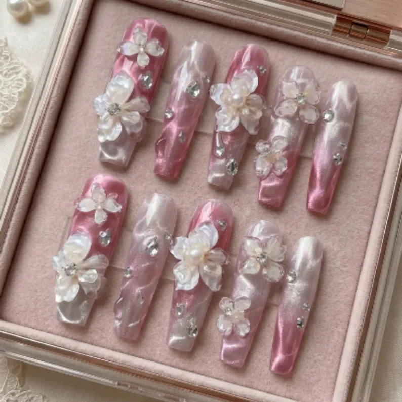 3D Velvet Blossom, Press On Nails, press on nails, custom press on nails, fake nails, Nails Art, stained glass nails, gold press on nails, 3d press on nails, luxury press on nails, handmade press on nails