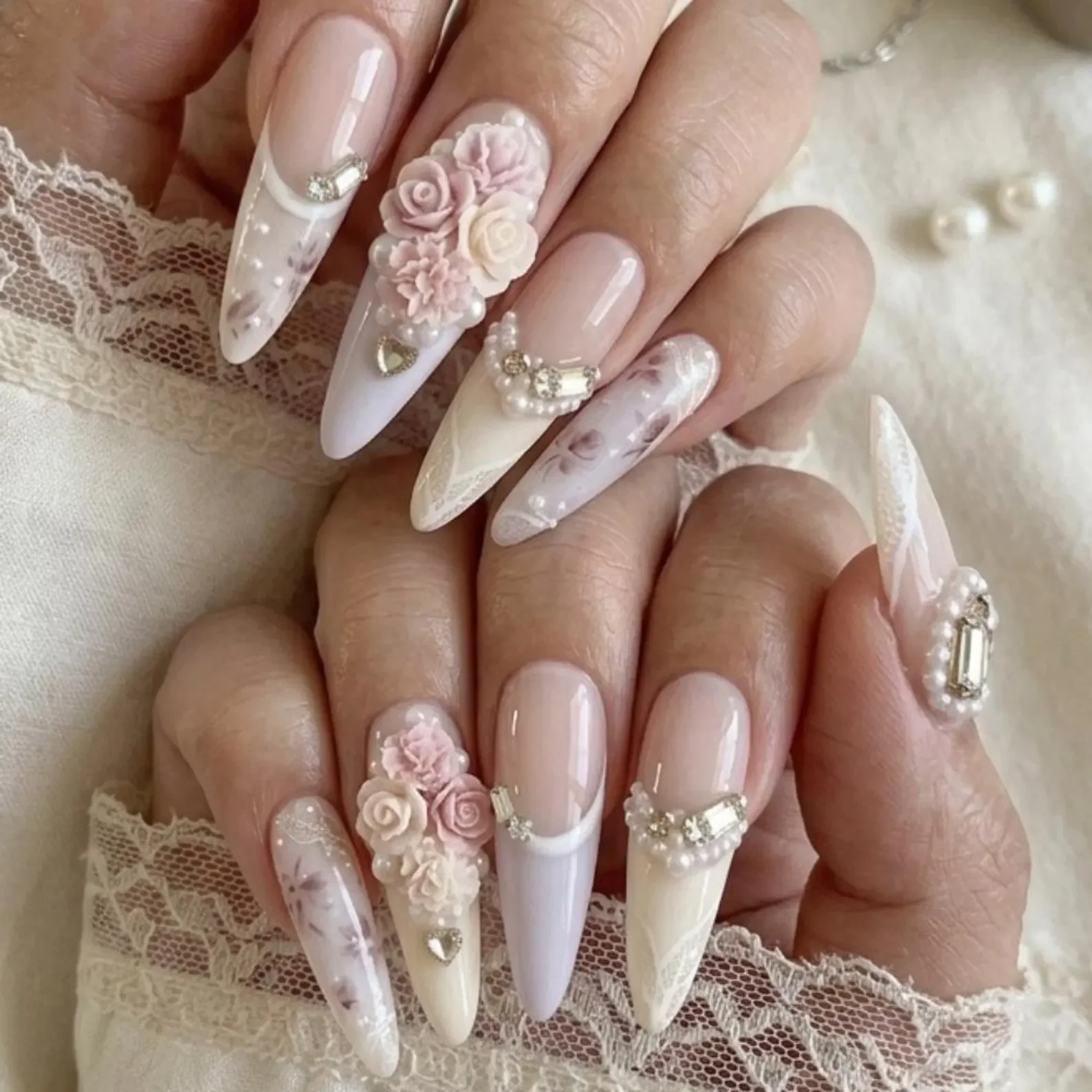 3D Victorian rose, Bridal press on nails, press on nails, custom press on nails, fake nails, Nails Art, stained glass nails, gold press on nails, 3d press on nails, luxury press on nails, handmade press on nails