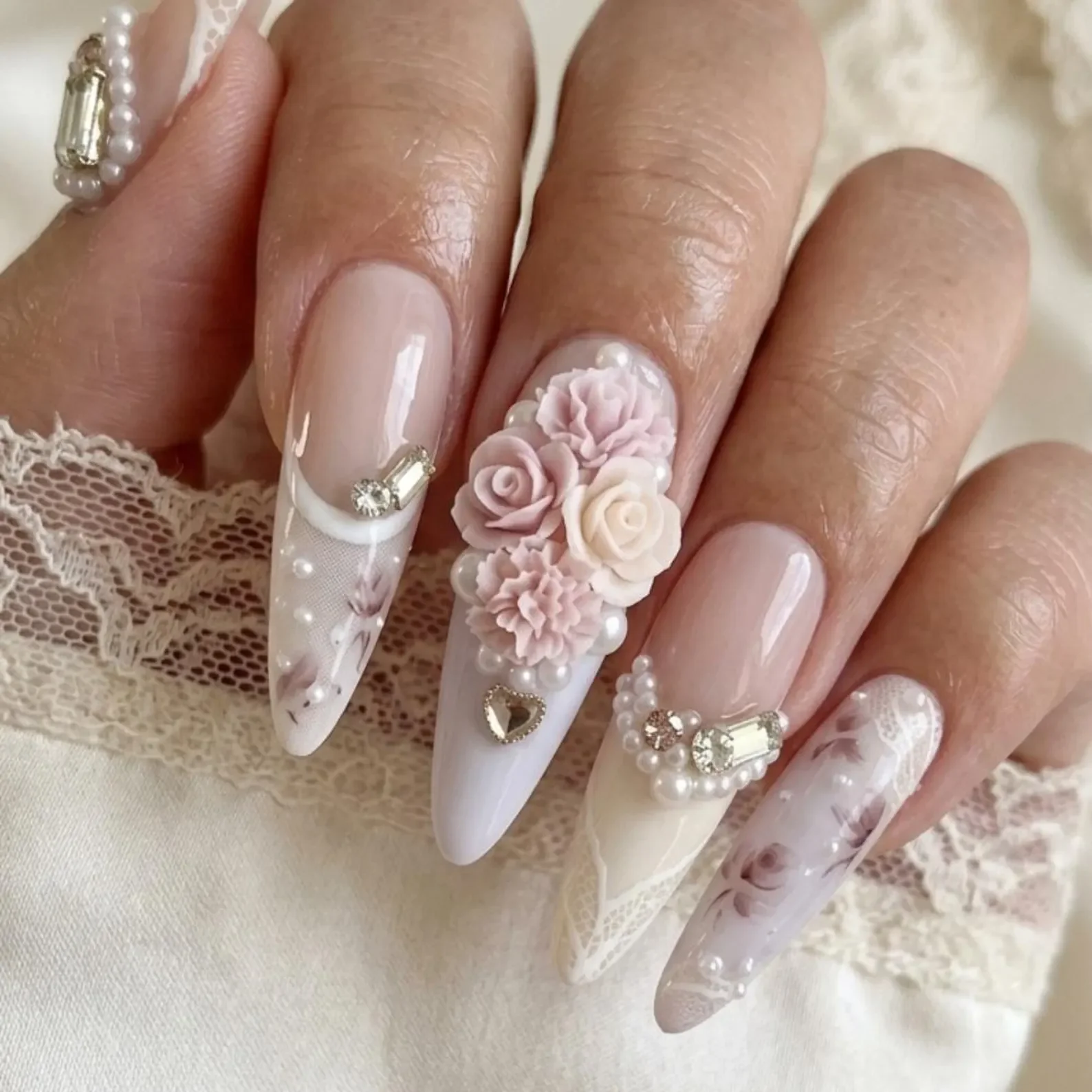 Luxury hand sculpted, Lace and pearl, press on nails, custom press on nails, fake nails, Nails Art, stained glass nails, gold press on nails, 3d press on nails, luxury press on nails, handmade press on nails