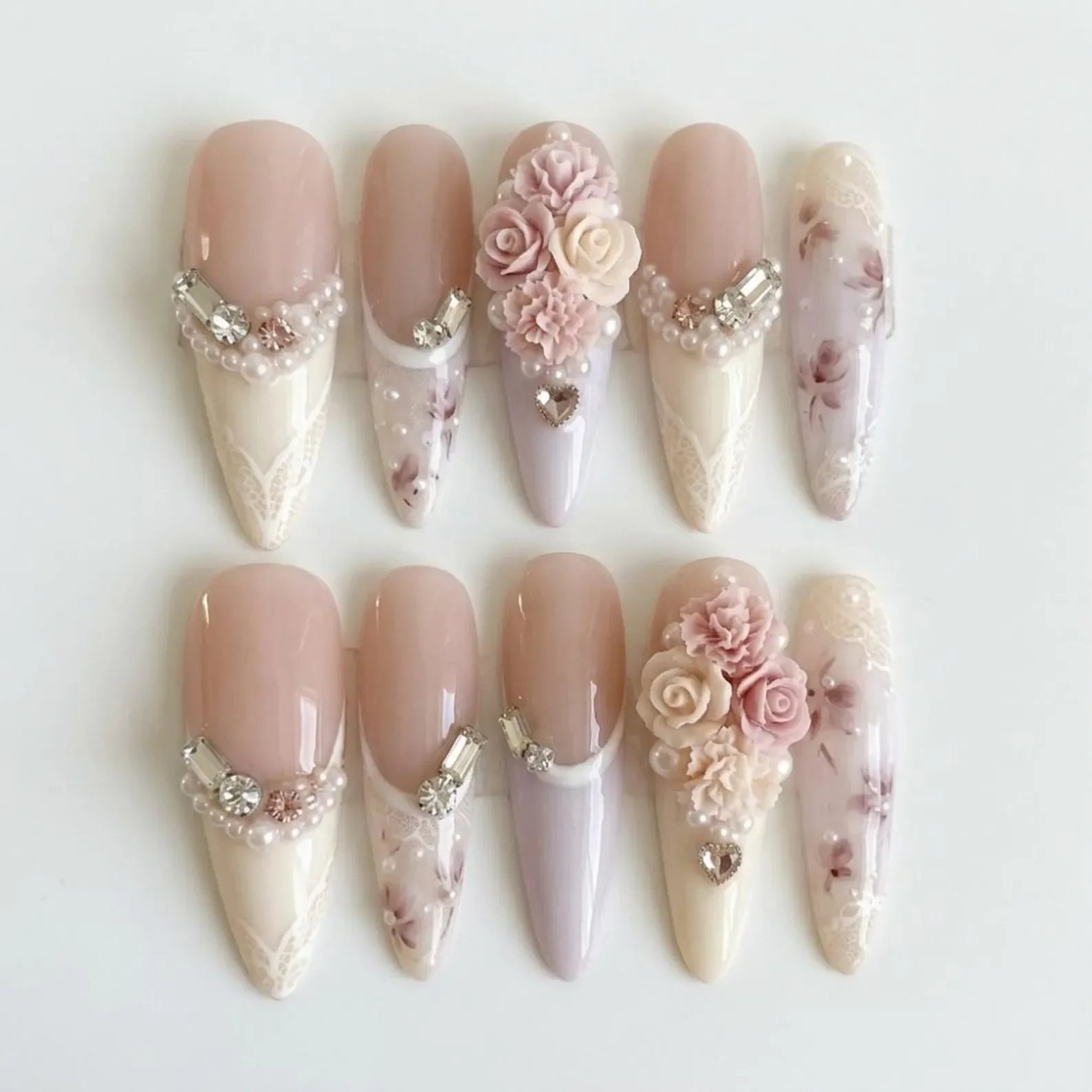 Victorian bridal, Rose bridal nails, press on nails, custom press on nails, fake nails, Nails Art, stained glass nails, gold press on nails, 3d press on nails, luxury press on nails, handmade press on nails