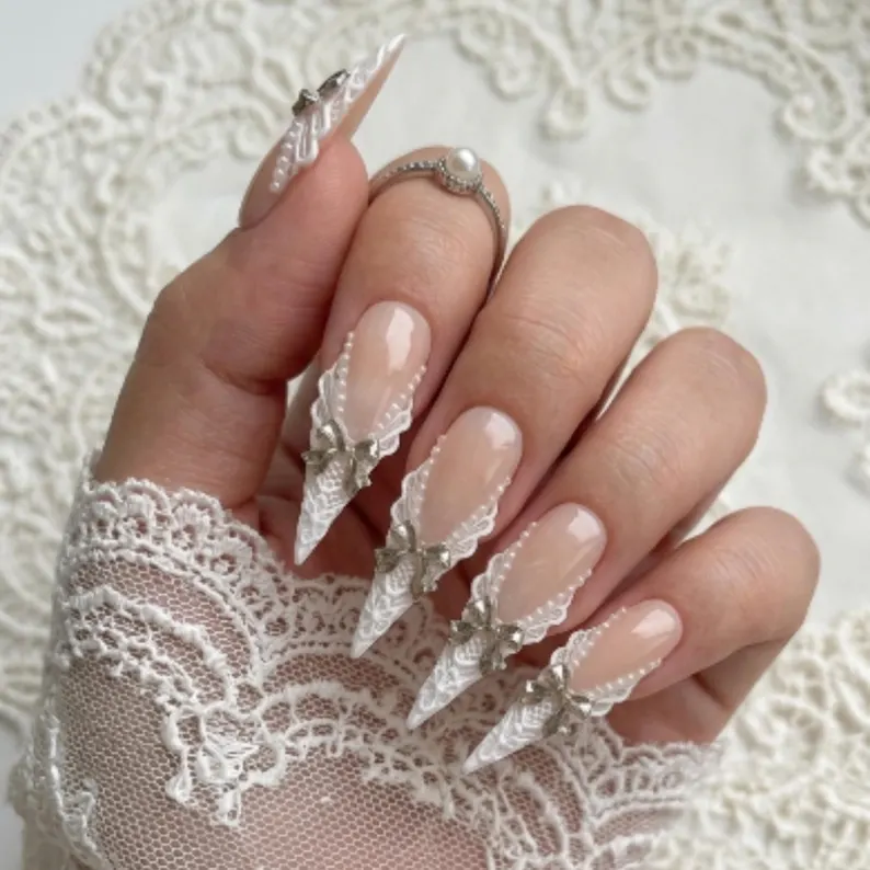 silver bow nails, lace stiletto nails, press on nails, custom press on nails, fake nails, Nails Art, stained glass nails, gold press on nails, 3d press on nails, luxury press on nails, handmade press on nails