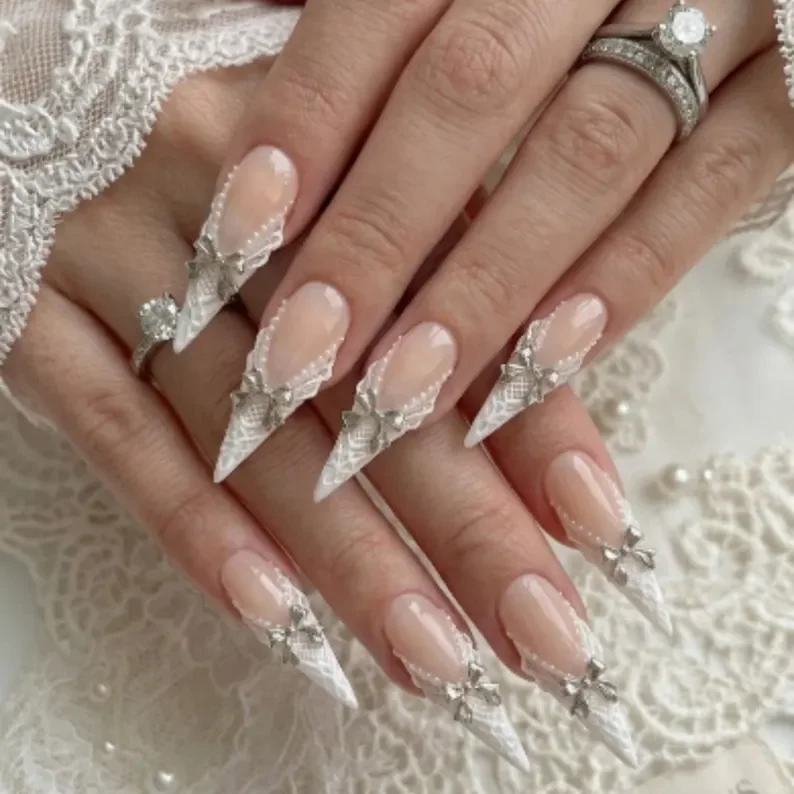 silver bow nails, lace stiletto nails, press on nails, custom press on nails, fake nails, Nails Art, stained glass nails, gold press on nails, 3d press on nails, luxury press on nails, handmade press on nails
