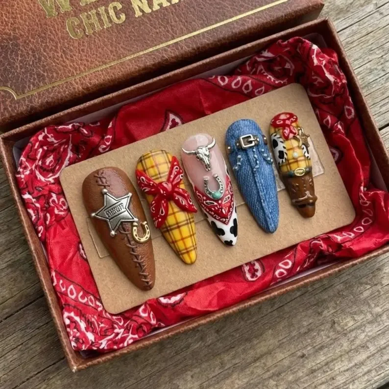 cowgirl nail art, leather nail design, press on nails, custom press on nails, fake nails, Nails Art, stained glass nails, gold press on nails, 3d press on nails, luxury press on nails, handmade press on nails