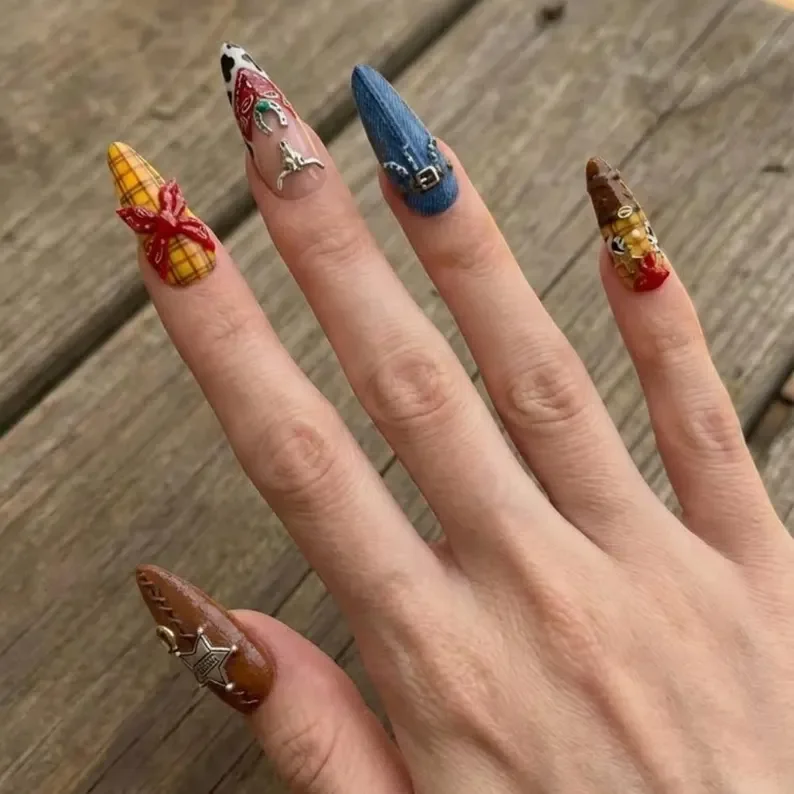 denim nail art, western cowgirl, press on nails, custom press on nails, fake nails, Nails Art, stained glass nails, gold press on nails, 3d press on nails, luxury press on nails, handmade press on nails