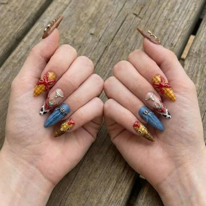 cowgirl nail art, leather nail design, press on nails, custom press on nails, fake nails, Nails Art, stained glass nails, gold press on nails, 3d press on nails, luxury press on nails, handmade press on nails