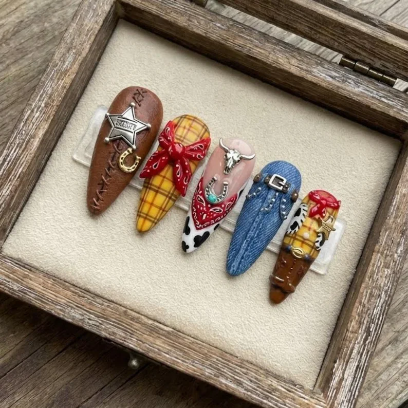 denim nail art, western cowgirl, press on nails, custom press on nails, fake nails, Nails Art, stained glass nails, gold press on nails, 3d press on nails, luxury press on nails, handmade press on nails