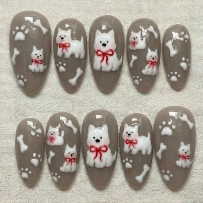3D Westie Puppy, Red Bow Press, press on nails, custom press on nails, fake nails, Nails Art, stained glass nails, gold press on nails, 3d press on nails, luxury press on nails, handmade press on nails