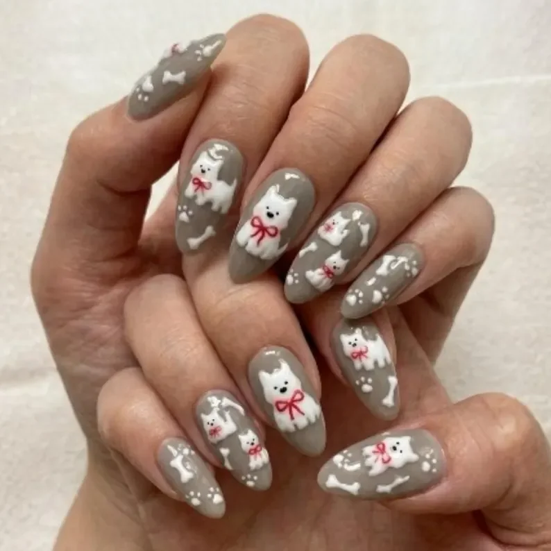 Puppy Themed Nails, Bow Accent Nails, press on nails, custom press on nails, fake nails, Nails Art, stained glass nails, gold press on nails, 3d press on nails, luxury press on nails, handmade press on nails