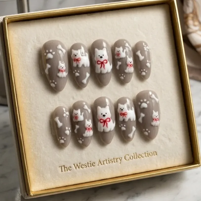 3D Pet Nails, 3D Westie Puppy, press on nails, custom press on nails, fake nails, Nails Art, stained glass nails, gold press on nails, 3d press on nails, luxury press on nails, handmade press on nails