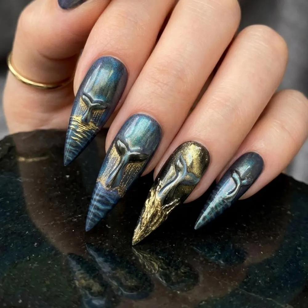 3D whale tail, press on nails, custom press on nails, fake nails, Nails Art, stained glass nails, gold press on nails, 3d press on nails, luxury press on nails, handmade press on nails