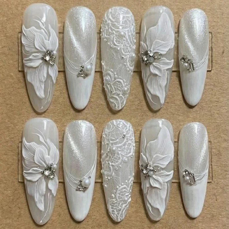 luxury pearl shimmer, lace wedding nails, press on nails, custom press on nails, fake nails, Nails Art, stained glass nails, gold press on nails, 3d press on nails, luxury press on nails, handmade press on nails