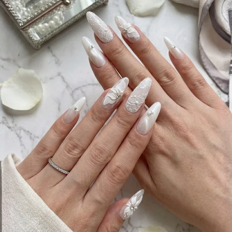 wedding nail art, pearl shimmer nails, press on nails, custom press on nails, fake nails, Nails Art, stained glass nails, gold press on nails, 3d press on nails, luxury press on nails, handmade press on nails