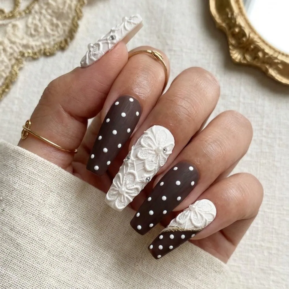 3D white lace, brown matte, press on nails, custom press on nails, fake nails, Nails Art, stained glass nails, gold press on nails, 3d press on nails, luxury press on nails, handmade press on nails