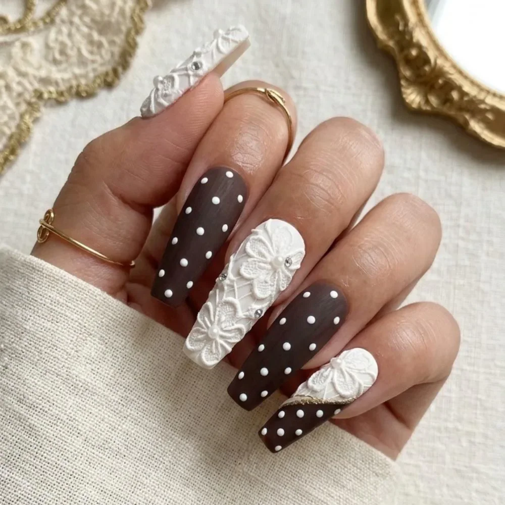 3D white lace, brown matte, press on nails, custom press on nails, fake nails, Nails Art, stained glass nails, gold press on nails, 3d press on nails, luxury press on nails, handmade press on nails
