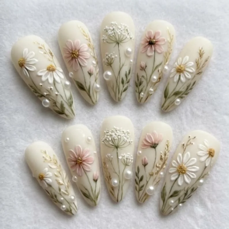 3D wildflower nails, bridal press on, press on nails, custom press on nails, fake nails, Nails Art, stained glass nails, gold press on nails, 3d press on nails, luxury press on nails, handmade press on nails