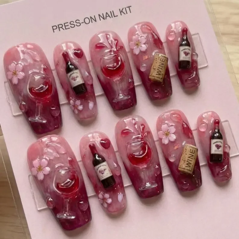 3D wine press on nails, burgundy marble nails, press on nails, custom press on nails, fake nails, Nails Art, stained glass nails, gold press on nails, 3d press on nails, luxury press on nails, handmade press on nails