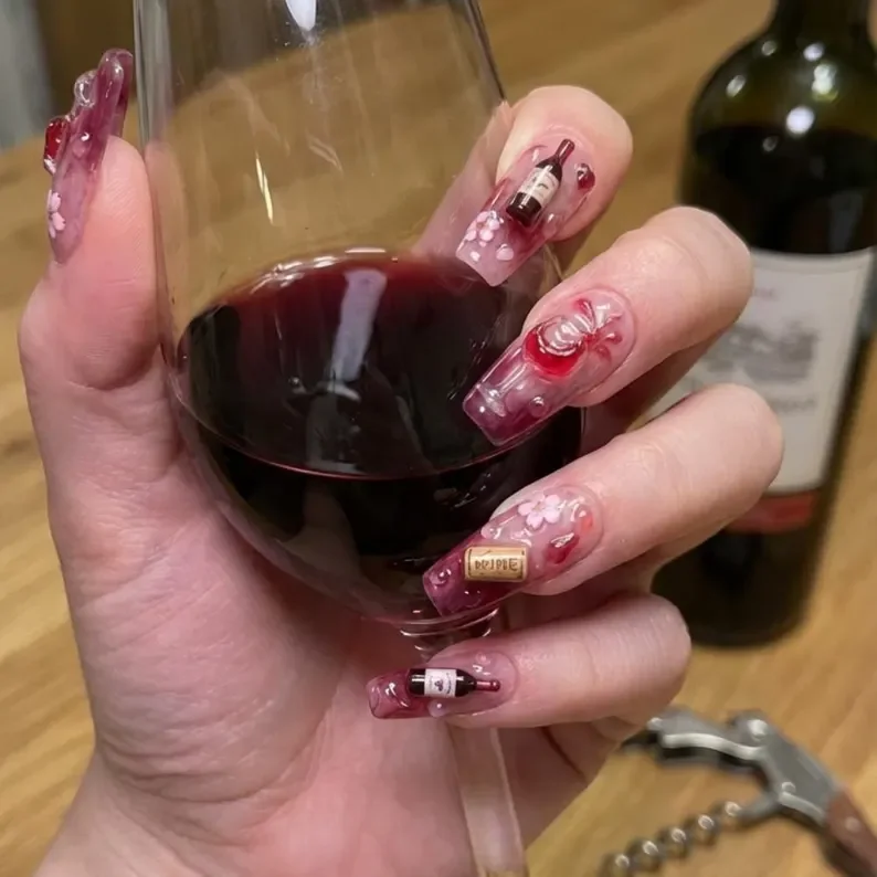 wine charms, press on nails, custom press on nails, fake nails, Nails Art, stained glass nails, gold press on nails, 3d press on nails, luxury press on nails, handmade press on nails