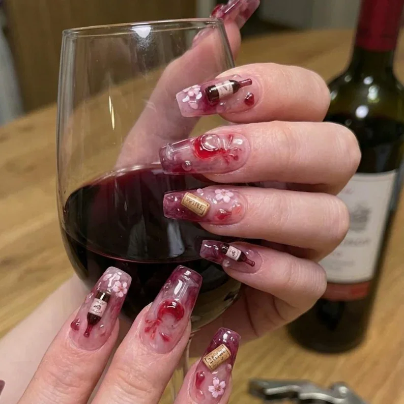 3D nail art, burgundy nails, press on nails, custom press on nails, fake nails, Nails Art, stained glass nails, gold press on nails, 3d press on nails, luxury press on nails, handmade press on nails