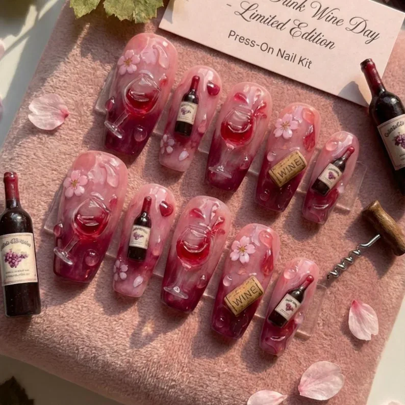 3D wine press on nails, burgundy marble nails, press on nails, custom press on nails, fake nails, Nails Art, stained glass nails, gold press on nails, 3d press on nails, luxury press on nails, handmade press on nails