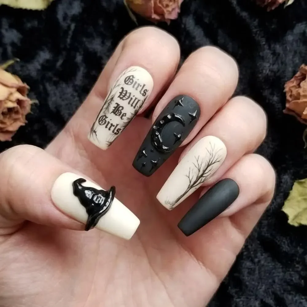 funny gothic, halloween nail art, press on nails, custom press on nails, fake nails, Nails Art, stained glass nails, gold press on nails, 3d press on nails, luxury press on nails, handmade press on nails