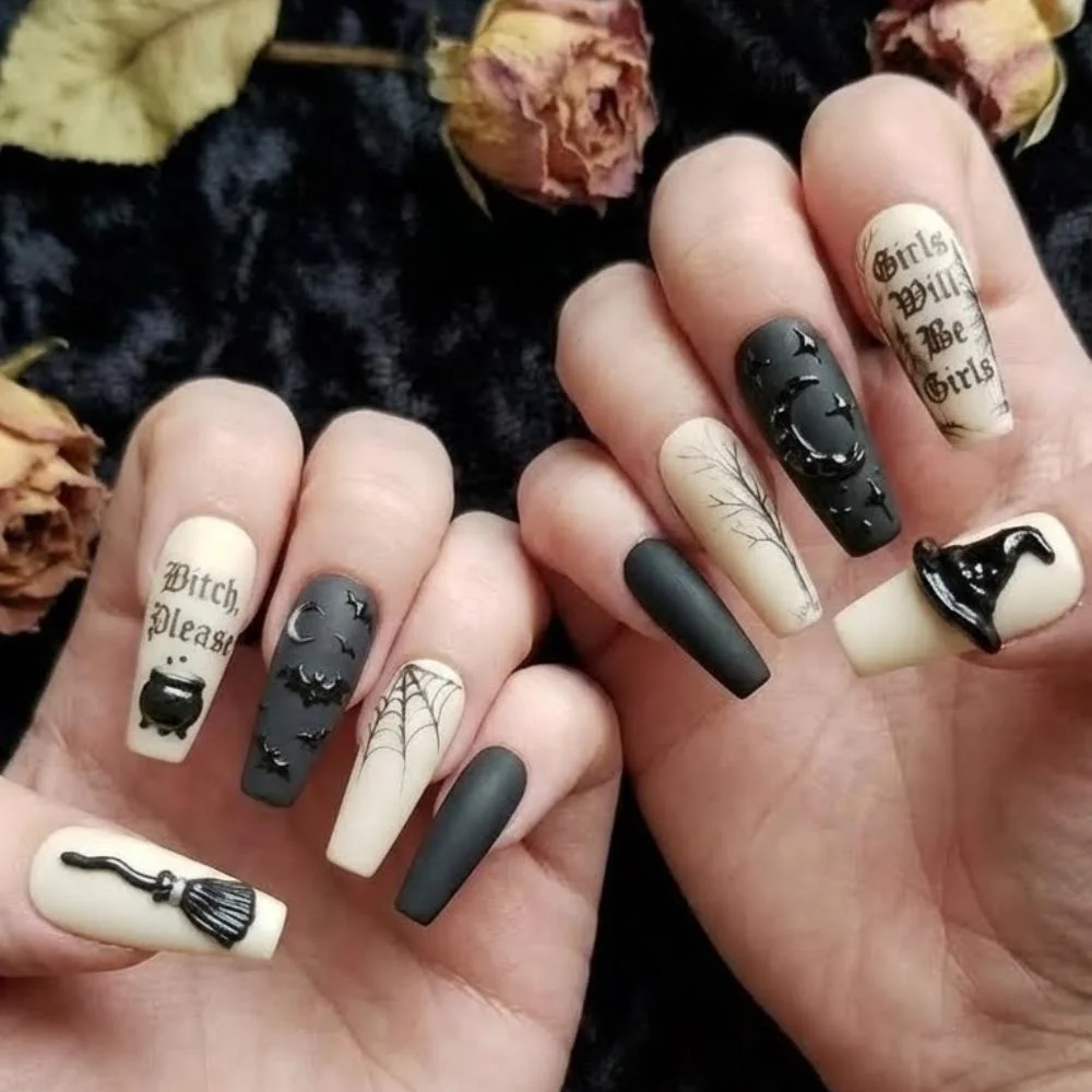 gothic nail design, witch nails, press on nails, custom press on nails, fake nails, Nails Art, stained glass nails, gold press on nails, 3d press on nails, luxury press on nails, handmade press on nails