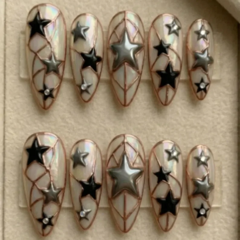3D Y2K press on nails, Midnight stained glass, press on nails, custom press on nails, fake nails, Nails Art, stained glass nails, gold press on nails, 3d press on nails, luxury press on nails, handmade press on nails