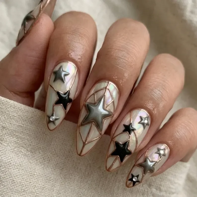 Iridescent black nails, Star nail art, press on nails, custom press on nails, fake nails, Nails Art, stained glass nails, gold press on nails, 3d press on nails, luxury press on nails, handmade press on nails