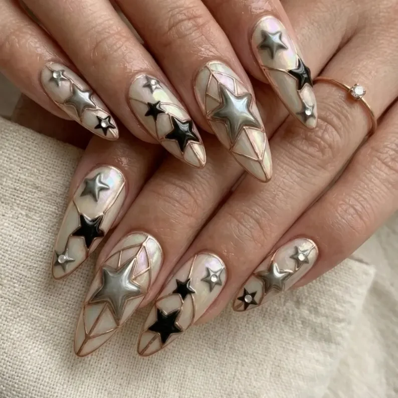Y2K iridescent nails, Black star press ons, press on nails, custom press on nails, fake nails, Nails Art, stained glass nails, gold press on nails, 3d press on nails, luxury press on nails, handmade press on nails