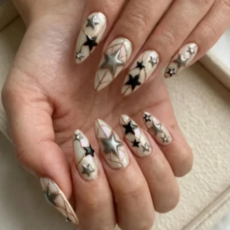3D stained glass nails, Iridescent star nails, press on nails, custom press on nails, fake nails, Nails Art, stained glass nails, gold press on nails, 3d press on nails, luxury press on nails, handmade press on nails
