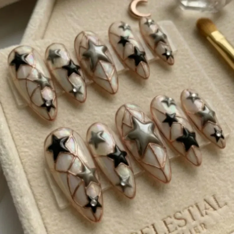 3D Y2K press on nails, Midnight stained glass, press on nails, custom press on nails, fake nails, Nails Art, stained glass nails, gold press on nails, 3d press on nails, luxury press on nails, handmade press on nails