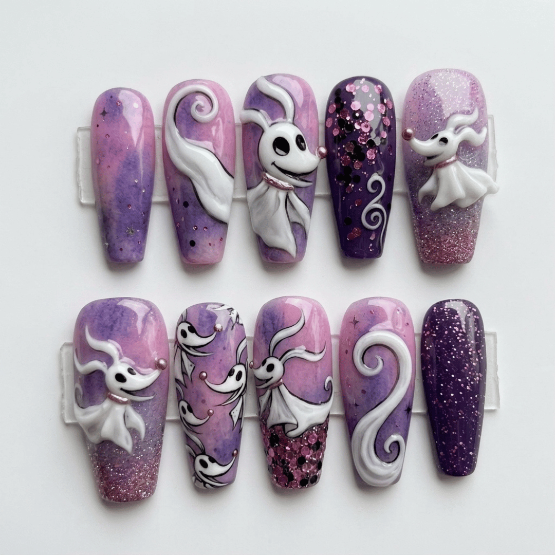 3D Ghost Dog, Press On Nails, press on nails, custom press on nails, fake nails, Nails Art, stained glass nails, gold press on nails, 3d press on nails, luxury press on nails, handmade press on nails