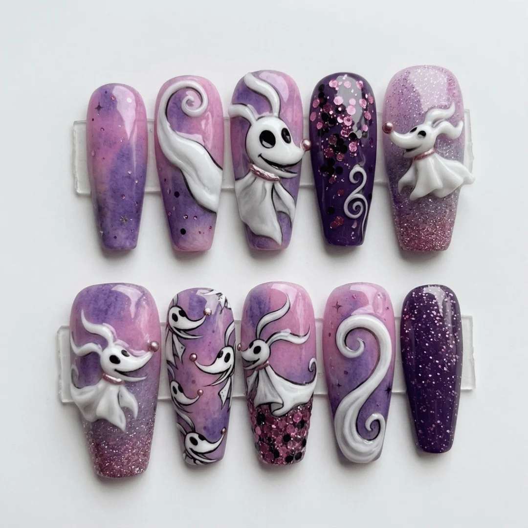 3D Ghost Dog, Press On Nails, press on nails, custom press on nails, fake nails, Nails Art, stained glass nails, gold press on nails, 3d press on nails, luxury press on nails, handmade press on nails