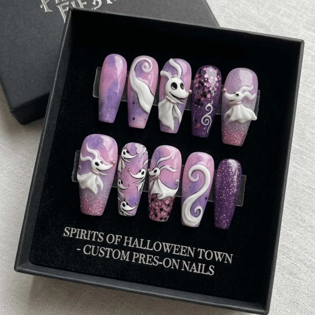 Purple Nightmare, Spooky Pink Nails, press on nails, custom press on nails, fake nails, Nails Art, stained glass nails, gold press on nails, 3d press on nails, luxury press on nails, handmade press on nails