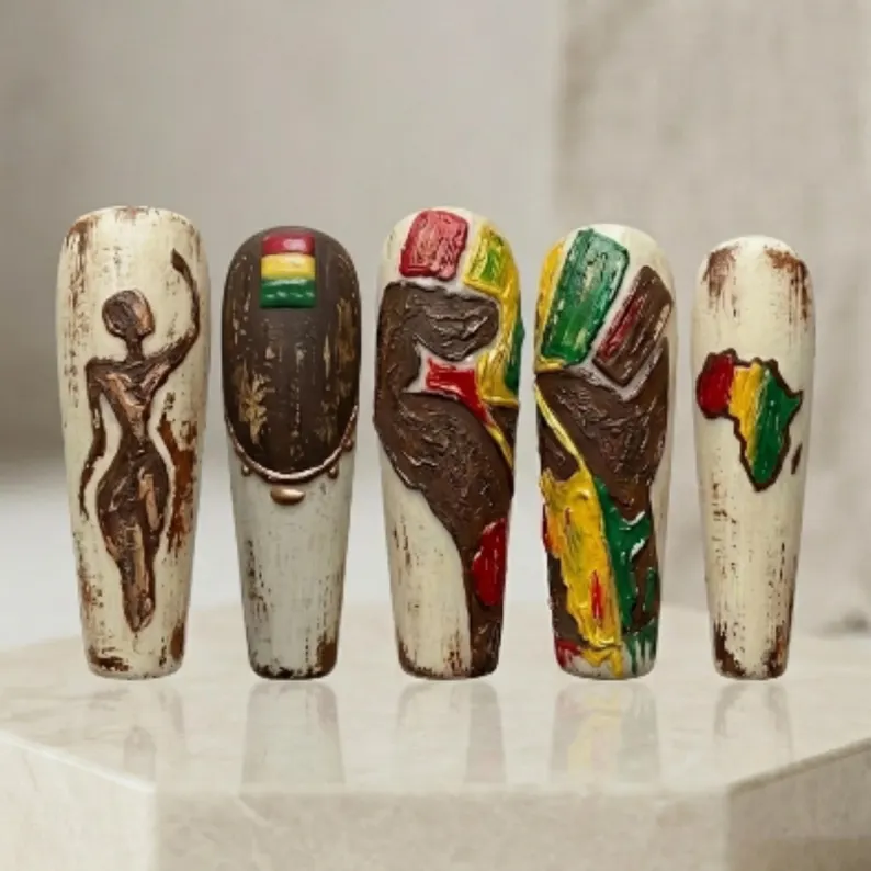 earthy press-on, Afrocentric heritage, press on nails, custom press on nails, fake nails, Nails Art, stained glass nails, gold press on nails, 3d press on nails, luxury press on nails, handmade press on nails
