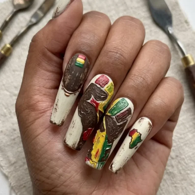 earthy press-on, Afrocentric heritage, press on nails, custom press on nails, fake nails, Nails Art, stained glass nails, gold press on nails, 3d press on nails, luxury press on nails, handmade press on nails